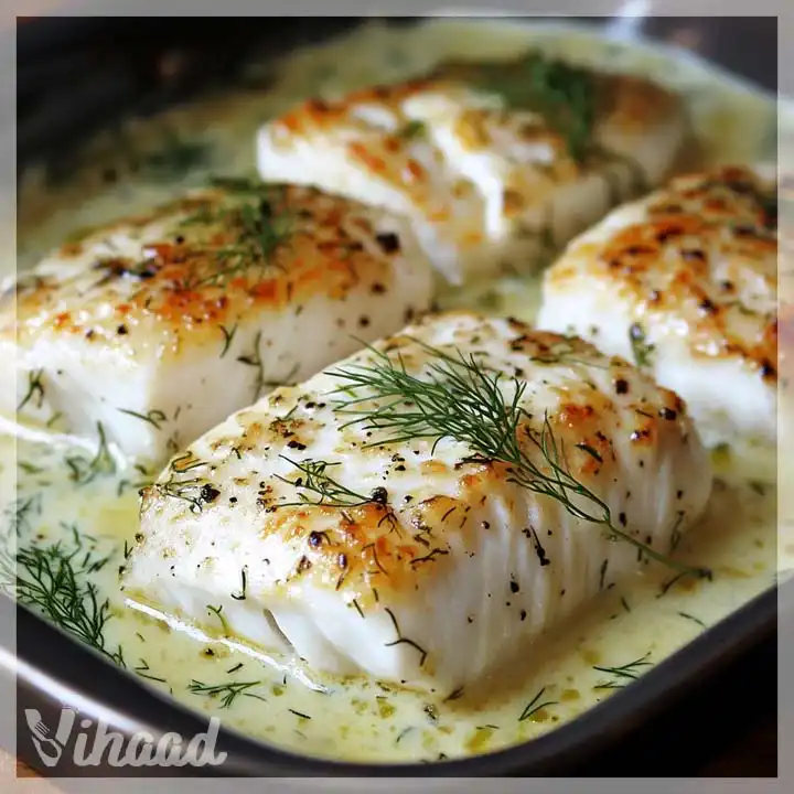 Pieczony Halibut z Koprem i Śmietaną to pyszne danie