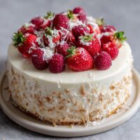Ciasto kokosowe z malinami i truskawkami