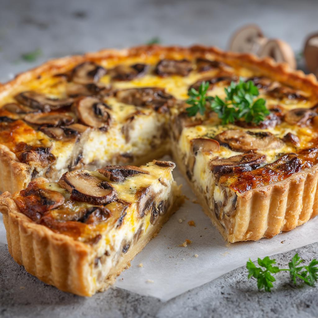 Tarta z grzybami i serem żółtym