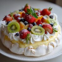 Tort bezowy z kremem budyniowym i owocami