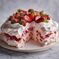 Tort bezowy z rabarbarem i truskawkami