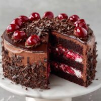 Tort urodzinowy z czekoladową śmietaną i wiśniami