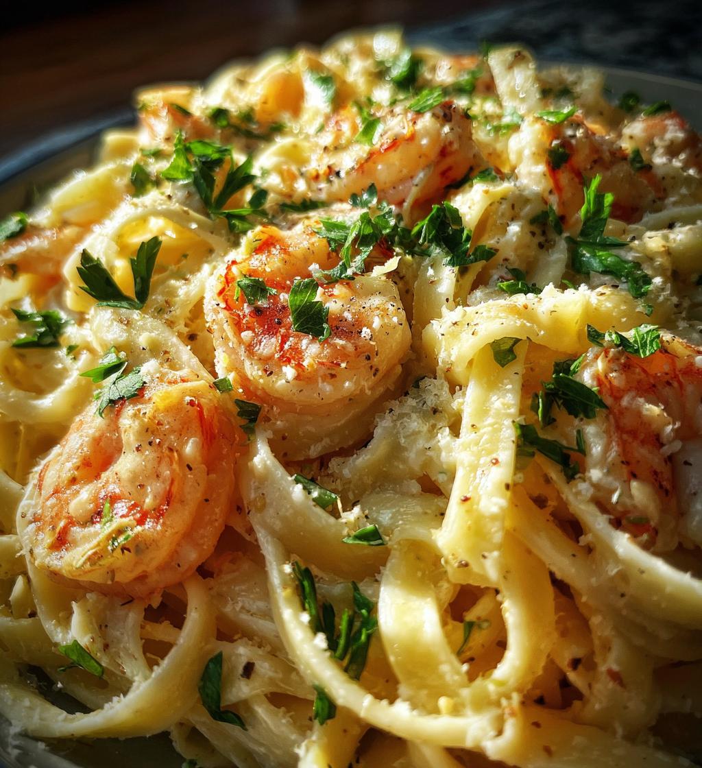 creamy shrimp fettuccine pasta with homemade alfredo sauce is delicious - detail 1
