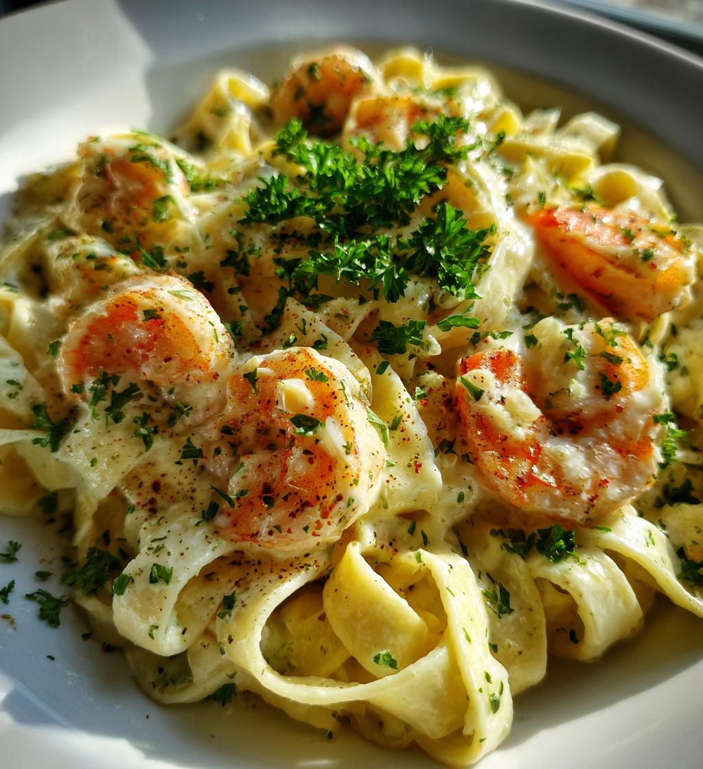 creamy shrimp fettuccine pasta with homemade alfredo sauce is delicious