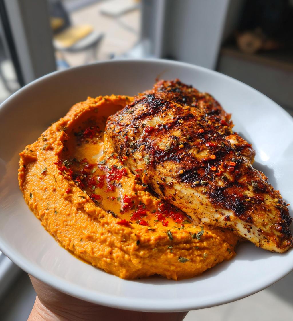 grilled chicken with roasted red pepper hummus a must try