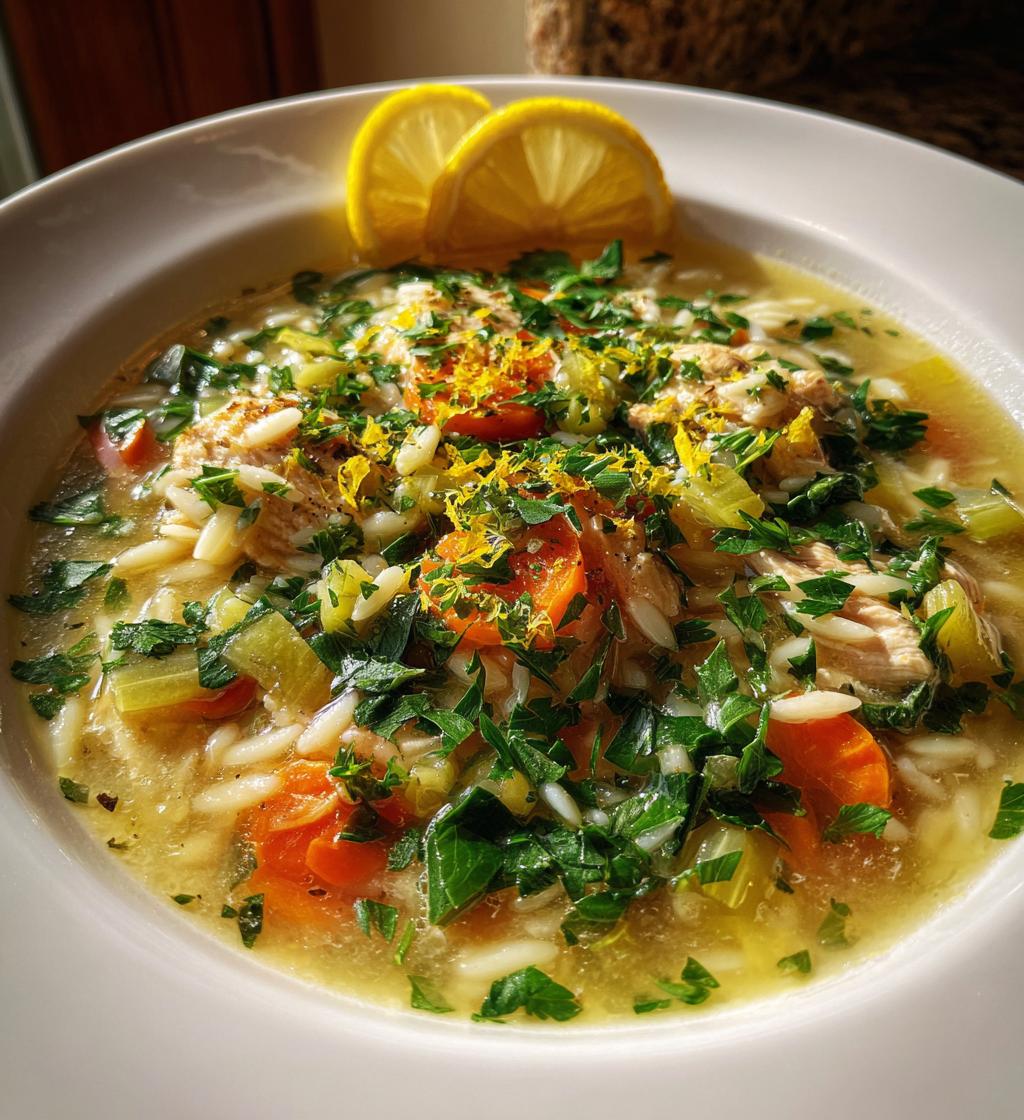 lemon chicken orzo soup is a comforting dish - detail 1