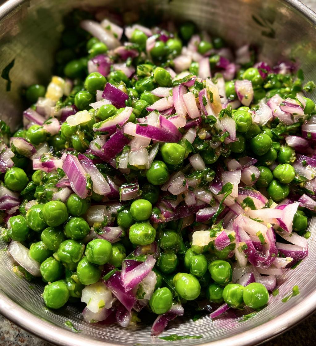 pea salad with red onions and cheese is delicious - detail 1