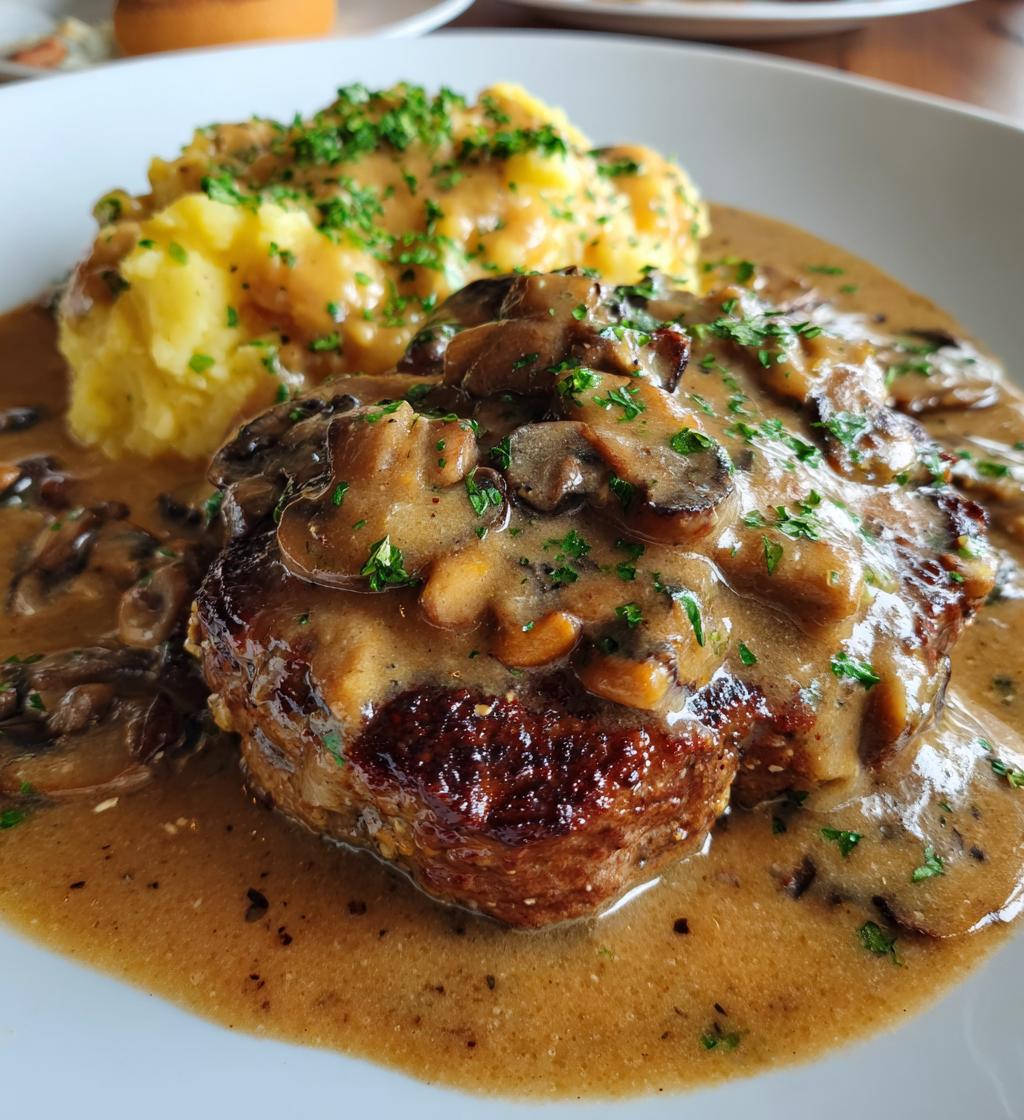 salisbury steak with mushroom gravy is a classic dish - detail 1