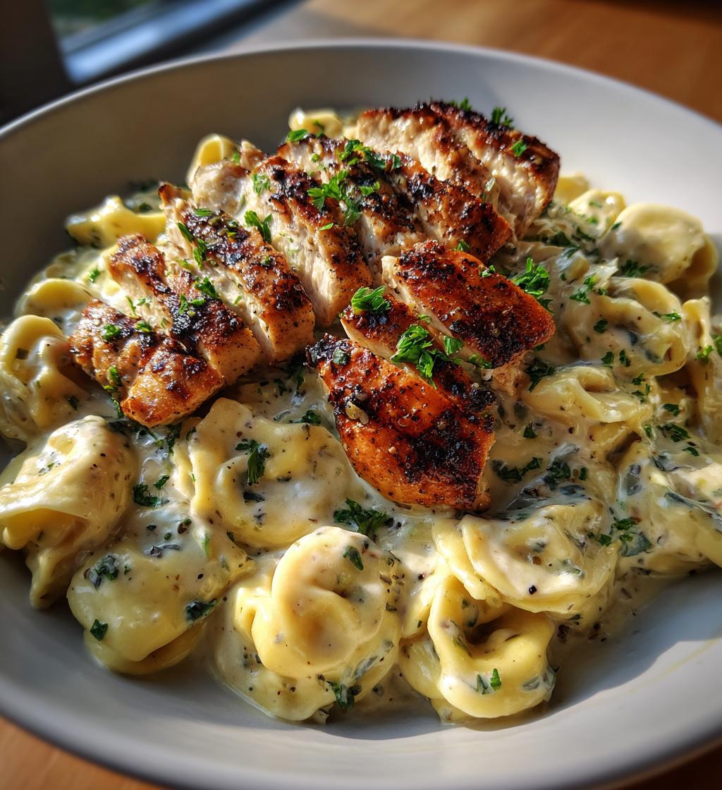 asiago tortelloni alfredo with grilled chicken