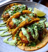 baja fish tacos with avocado crema