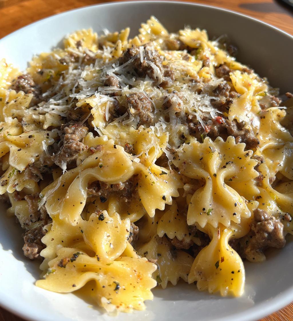 beef and bowtie pasta with alfredo sauce 2 - detail 1