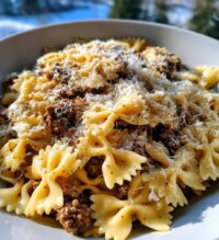 beef and bowtie pasta with alfredo sauce 2