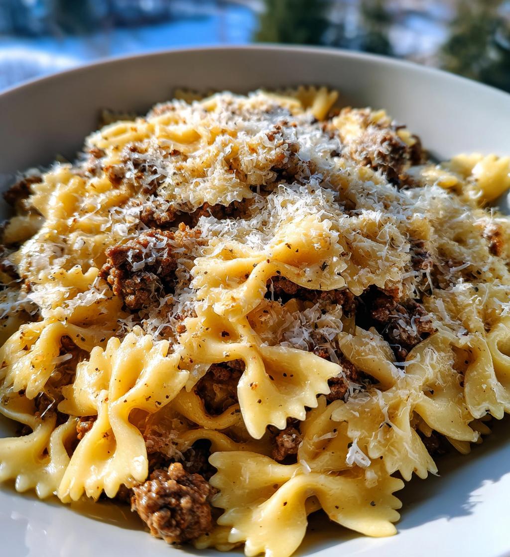 beef and bowtie pasta with alfredo sauce 2