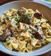 beef and bowtie pasta with alfredo sauce