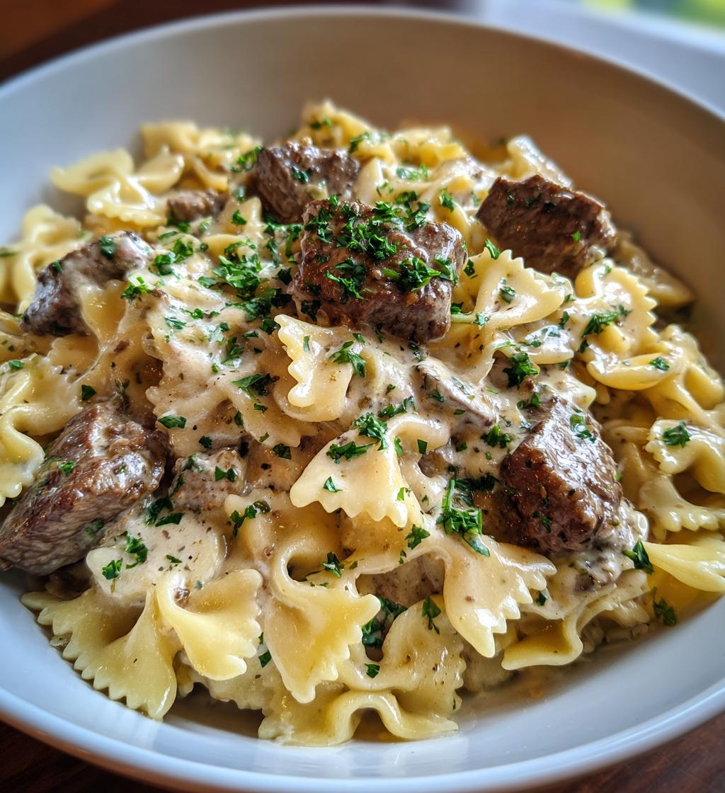 beef and bowtie pasta with alfredo sauce