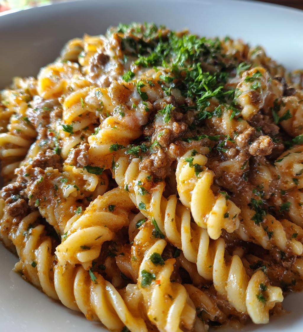 beef and rotini in garlic parmesan sauce