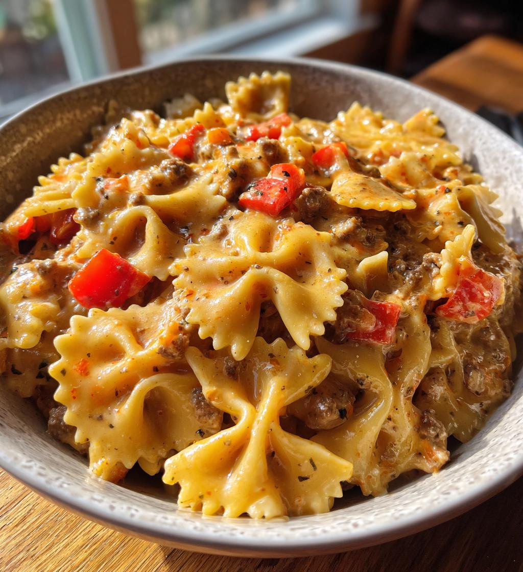 bowtie pasta with creamy velveeta beef sauce - detail 1