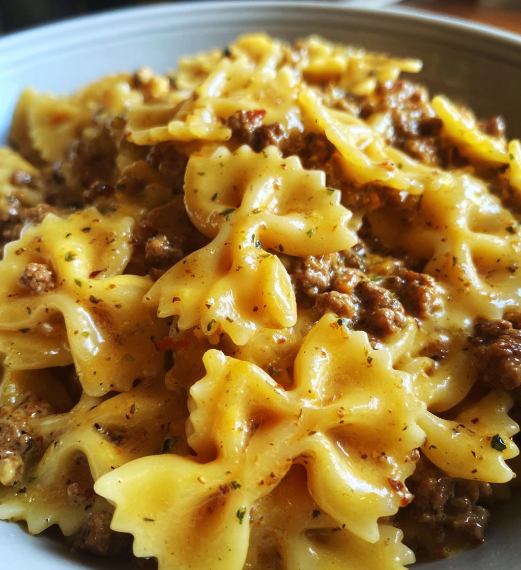 bowtie pasta with creamy velveeta beef sauce - detail 1