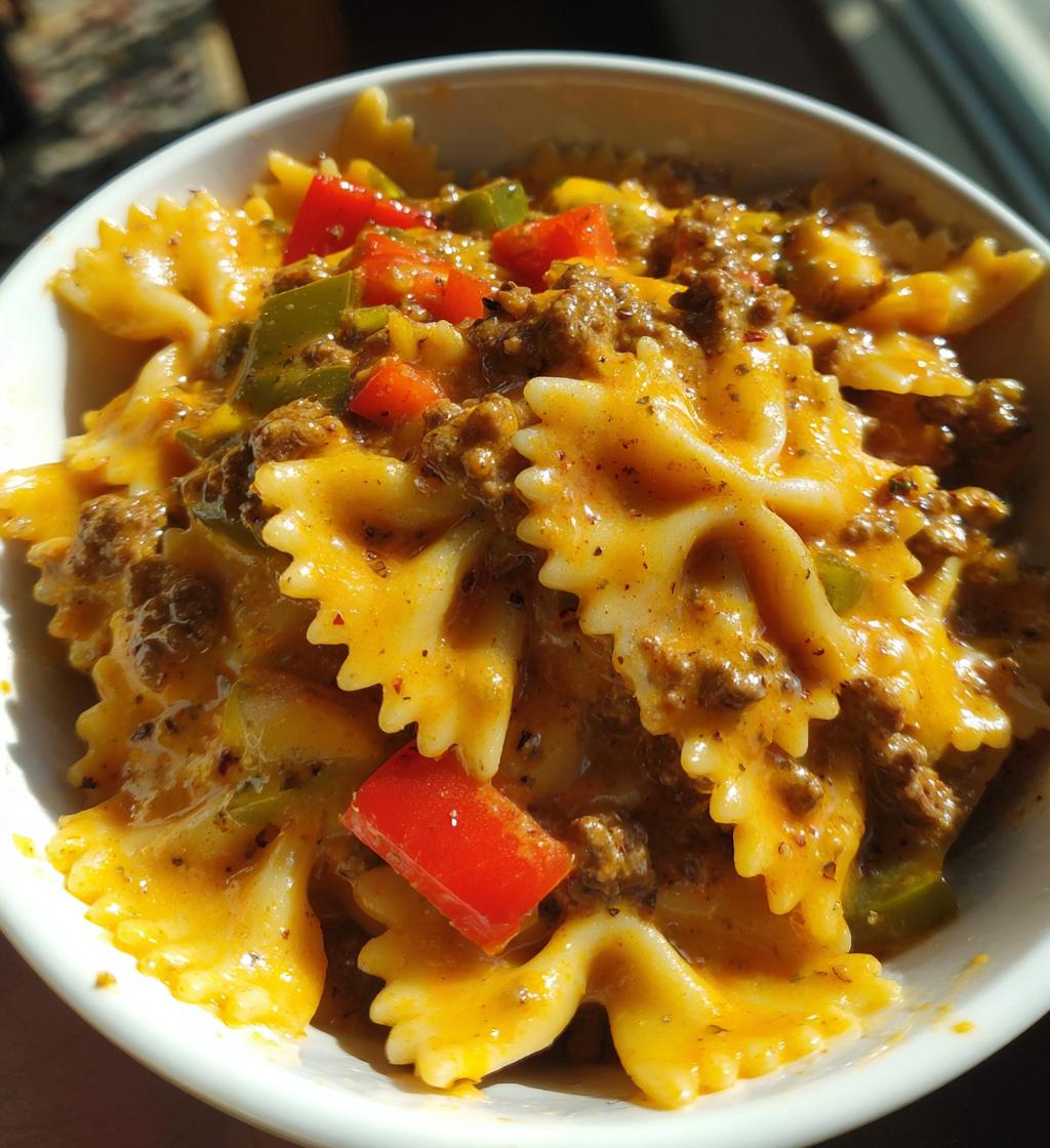 bowtie pasta with creamy velveeta beef sauce