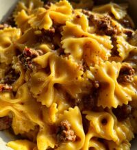 bowtie pasta with creamy velveeta beef sauce