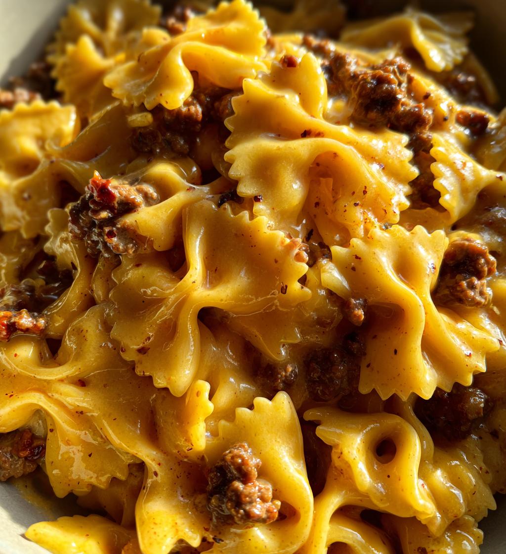 bowtie pasta with creamy velveeta beef sauce