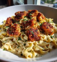 cajun chicken bites with creamy garlic herb alfredo twists