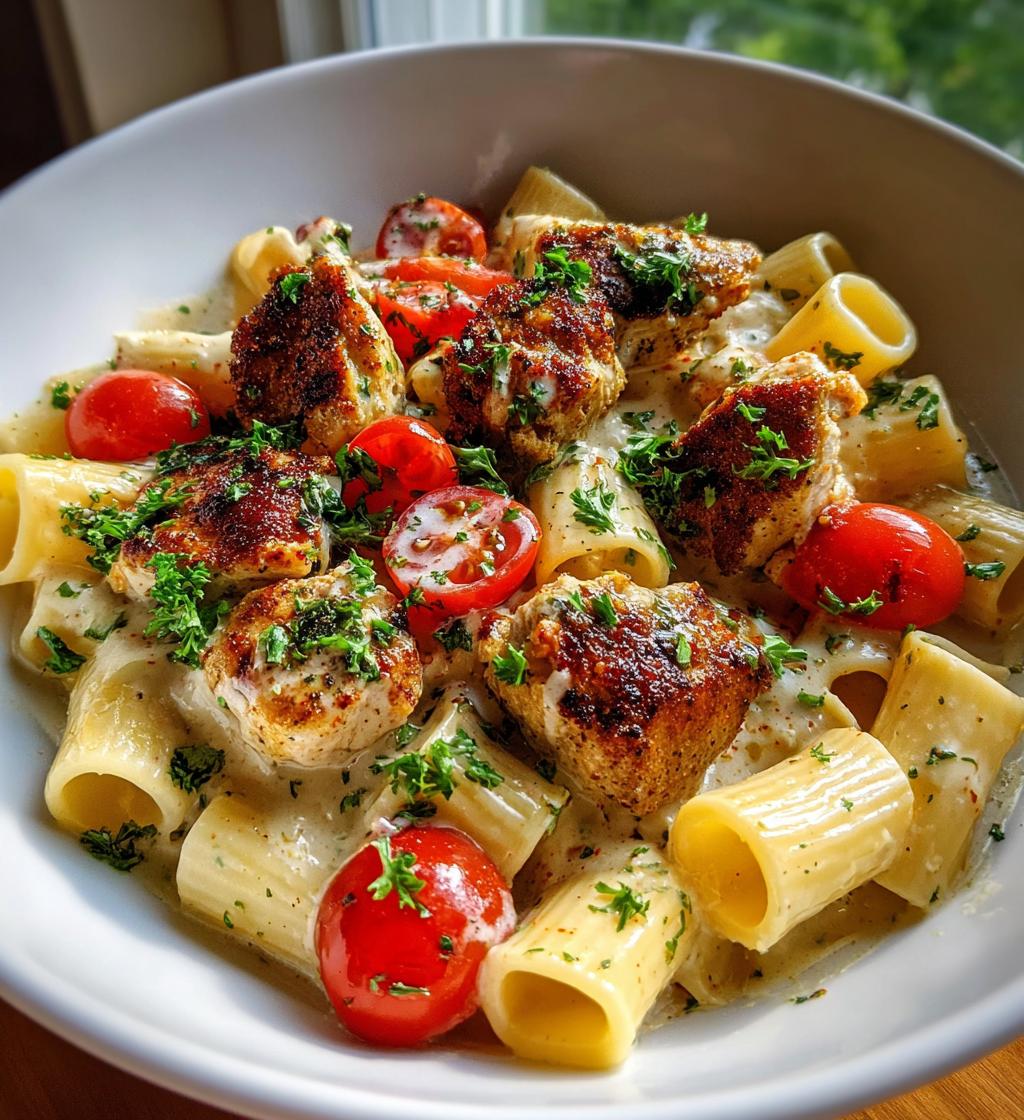 cajun chicken bites with creamy rigatoni