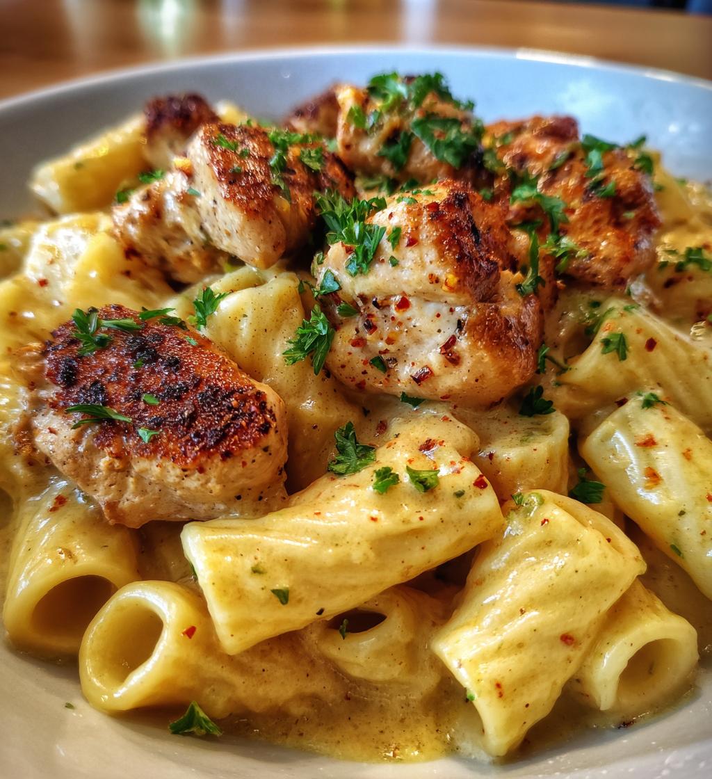 cajun chicken bites with creamy rigatoni