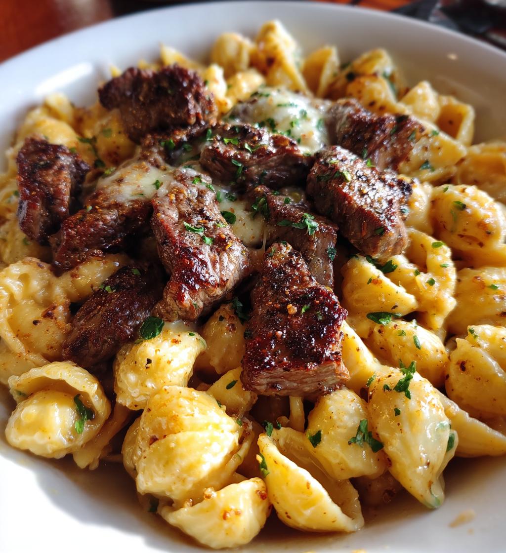 cajun steak bites and cheesy garlic shells skillet - detail 1