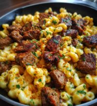 cajun steak bites and cheesy garlic shells skillet