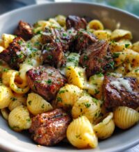 cajun steak bites and cheesy garlic shells skillet