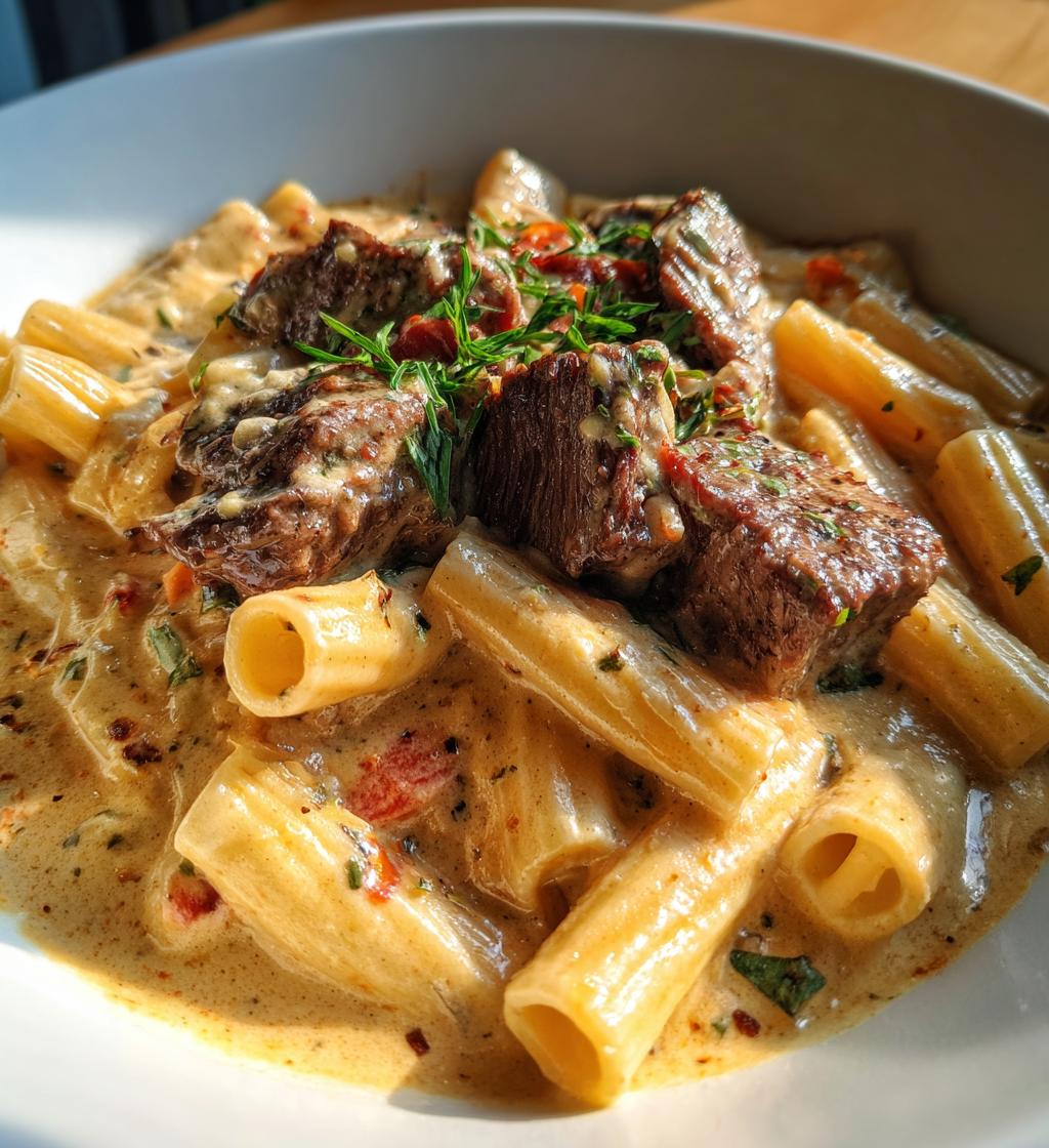 cajun steak tips in cheesy rigatoni parmesan sauce - detail 1