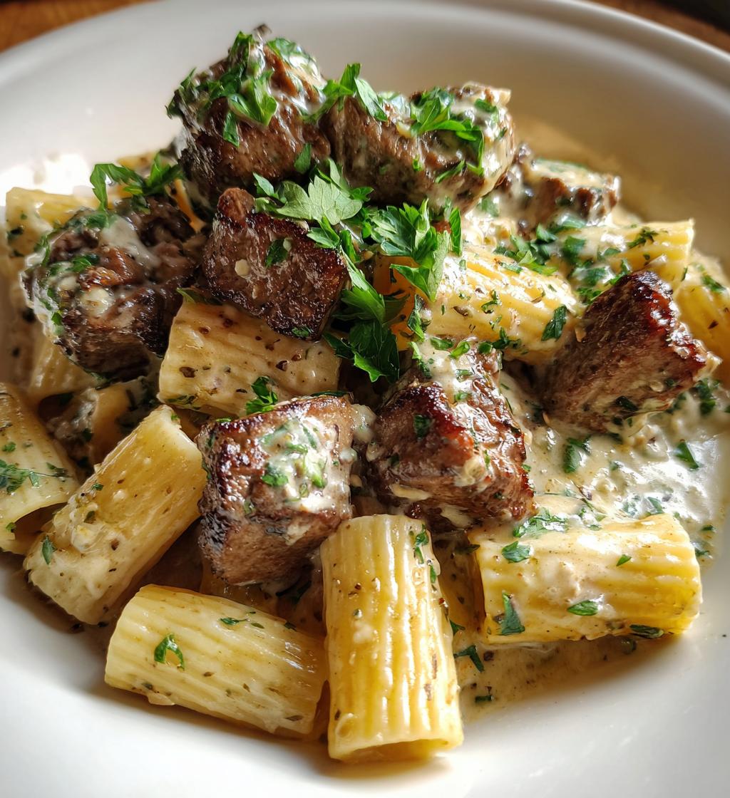 cajun steak tips in cheesy rigatoni parmesan sauce - detail 1
