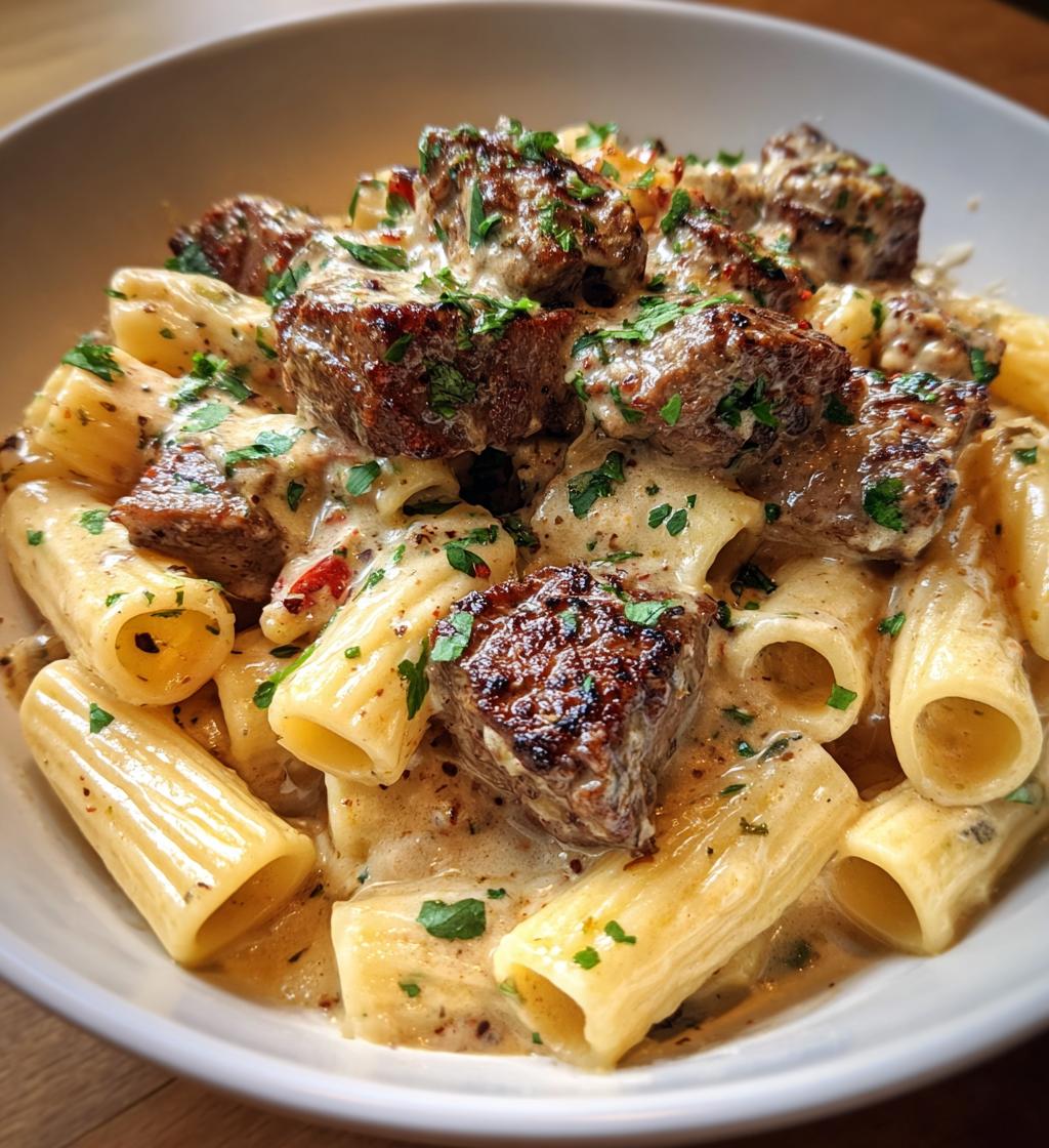 cajun steak tips in cheesy rigatoni parmesan sauce