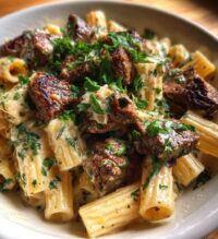 cajun steak tips in cheesy rigatoni parmesan sauce