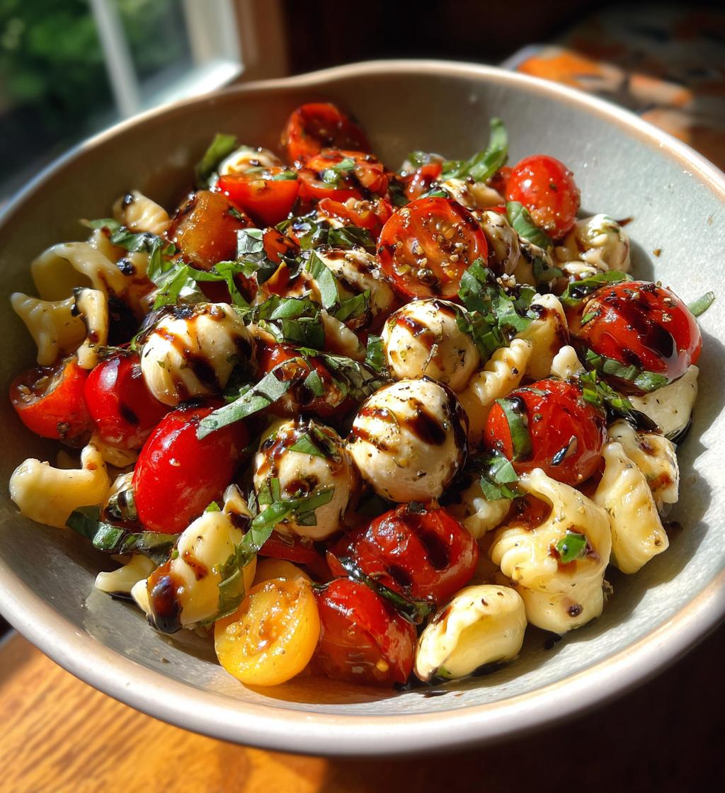 caprese pasta salad with balsamic glaze