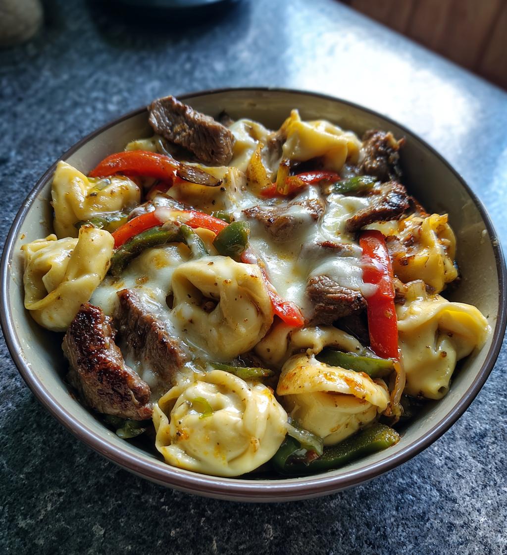 cheesesteak tortellini in rich provolone sauce