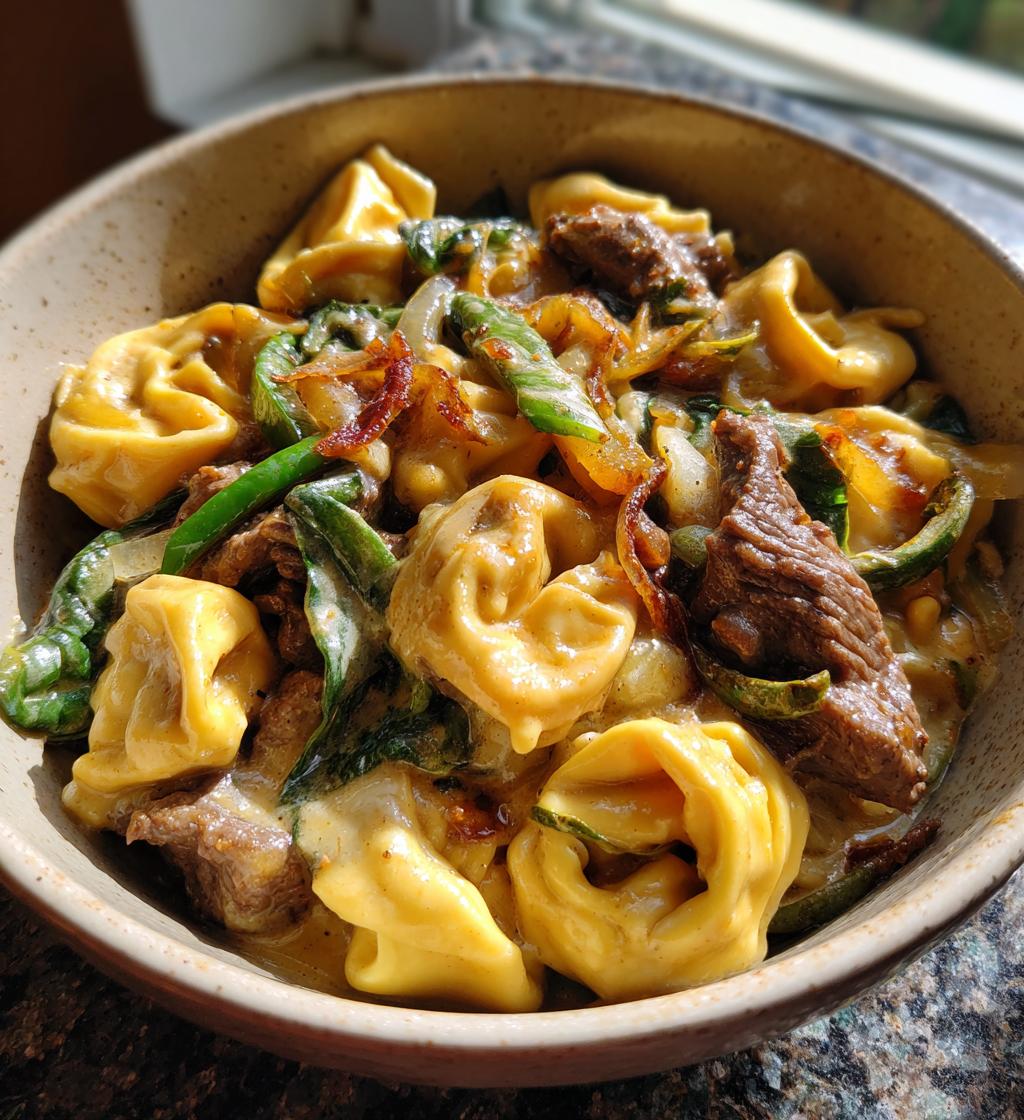 cheesesteak tortellini in rich provolone sauce