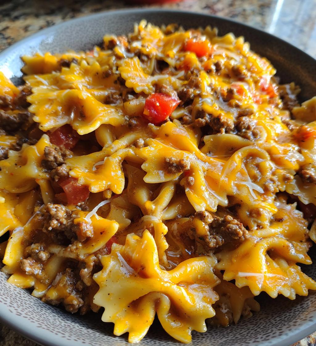 cheesy bowtie pasta with ground beef - detail 1
