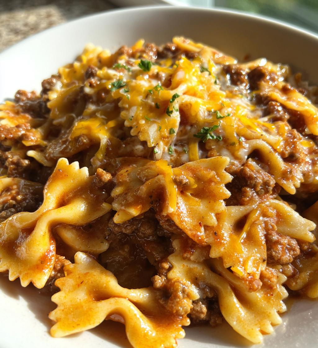 cheesy bowtie pasta with ground beef - detail 1