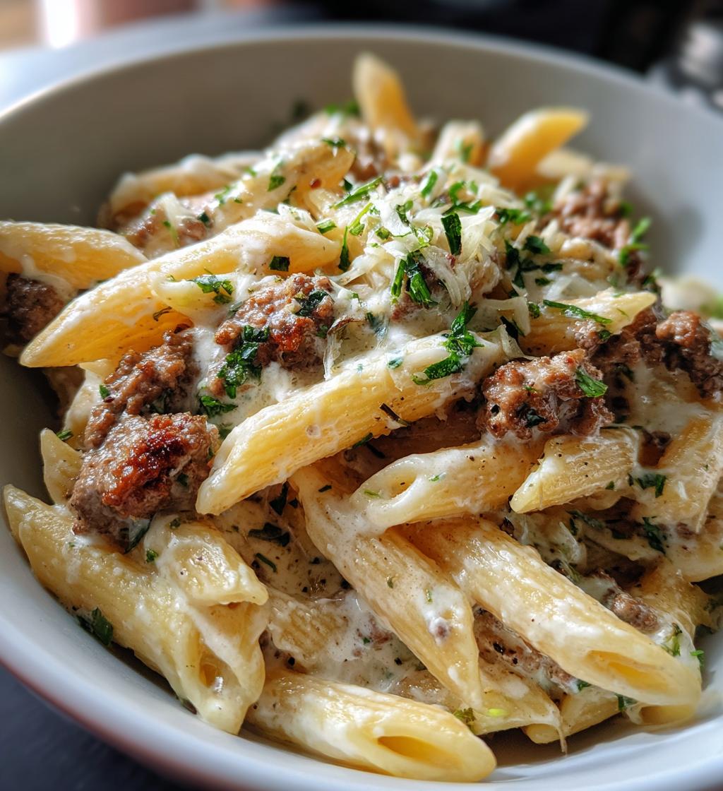 cheesy penne with garlic butter ground beef - detail 1