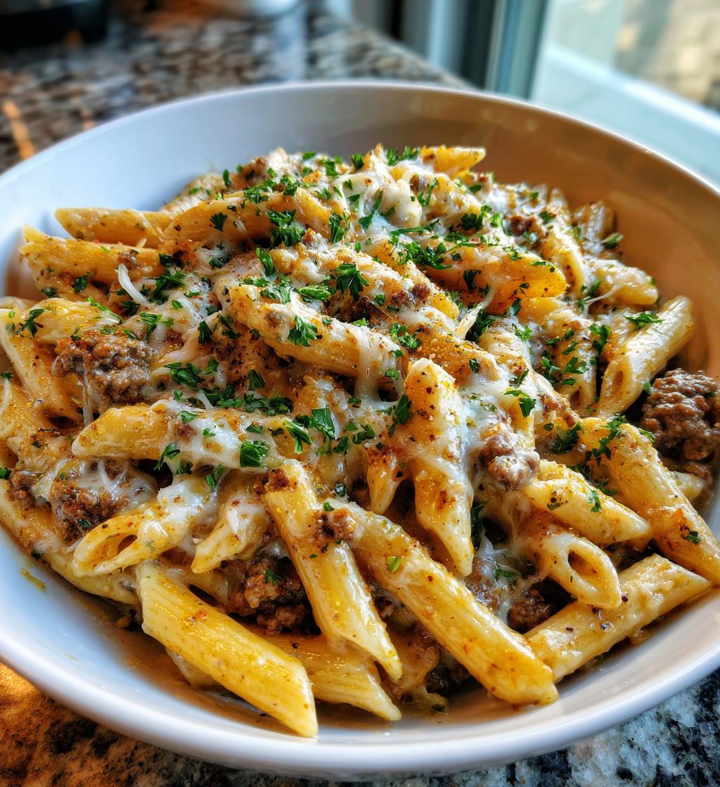 cheesy penne with garlic butter ground beef - detail 1