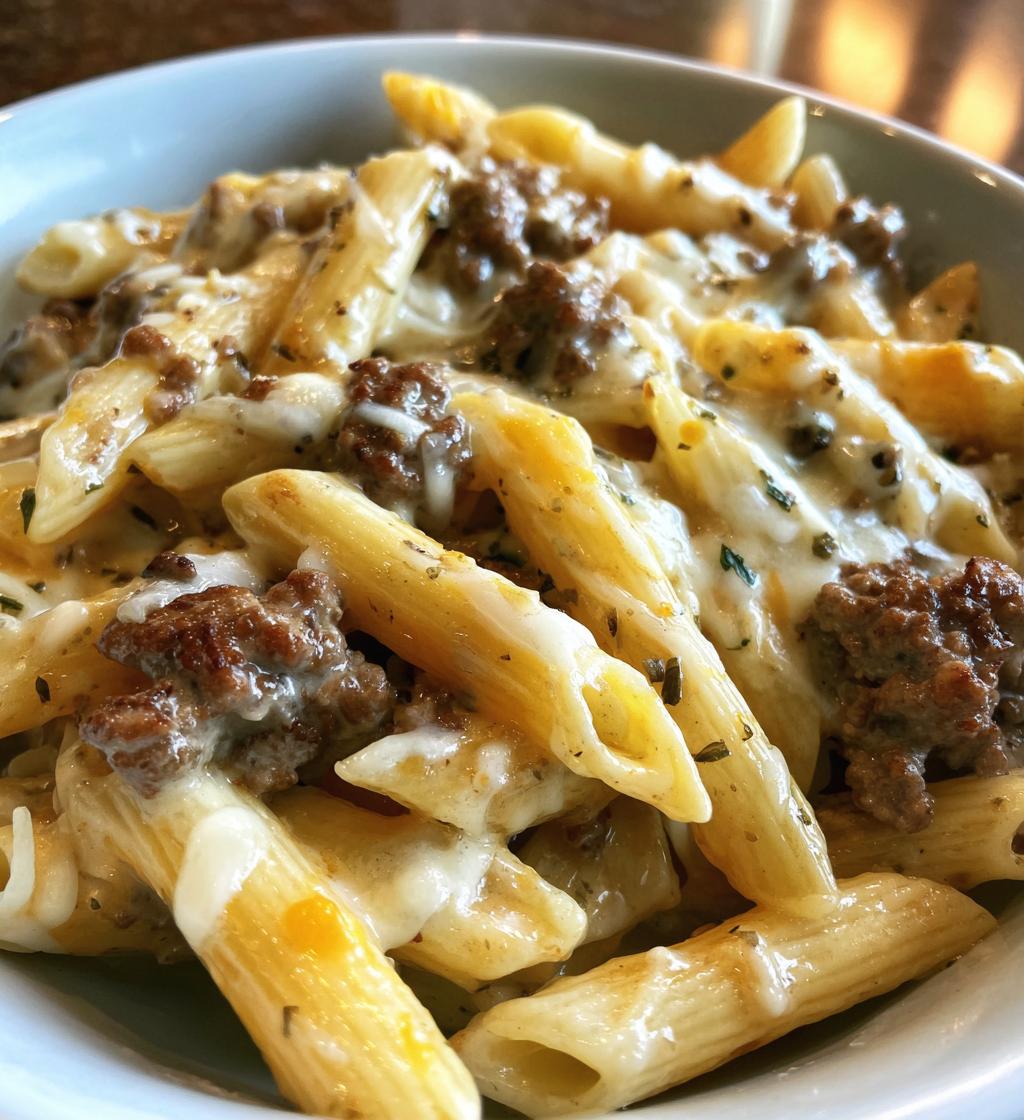 cheesy penne with garlic butter ground beef