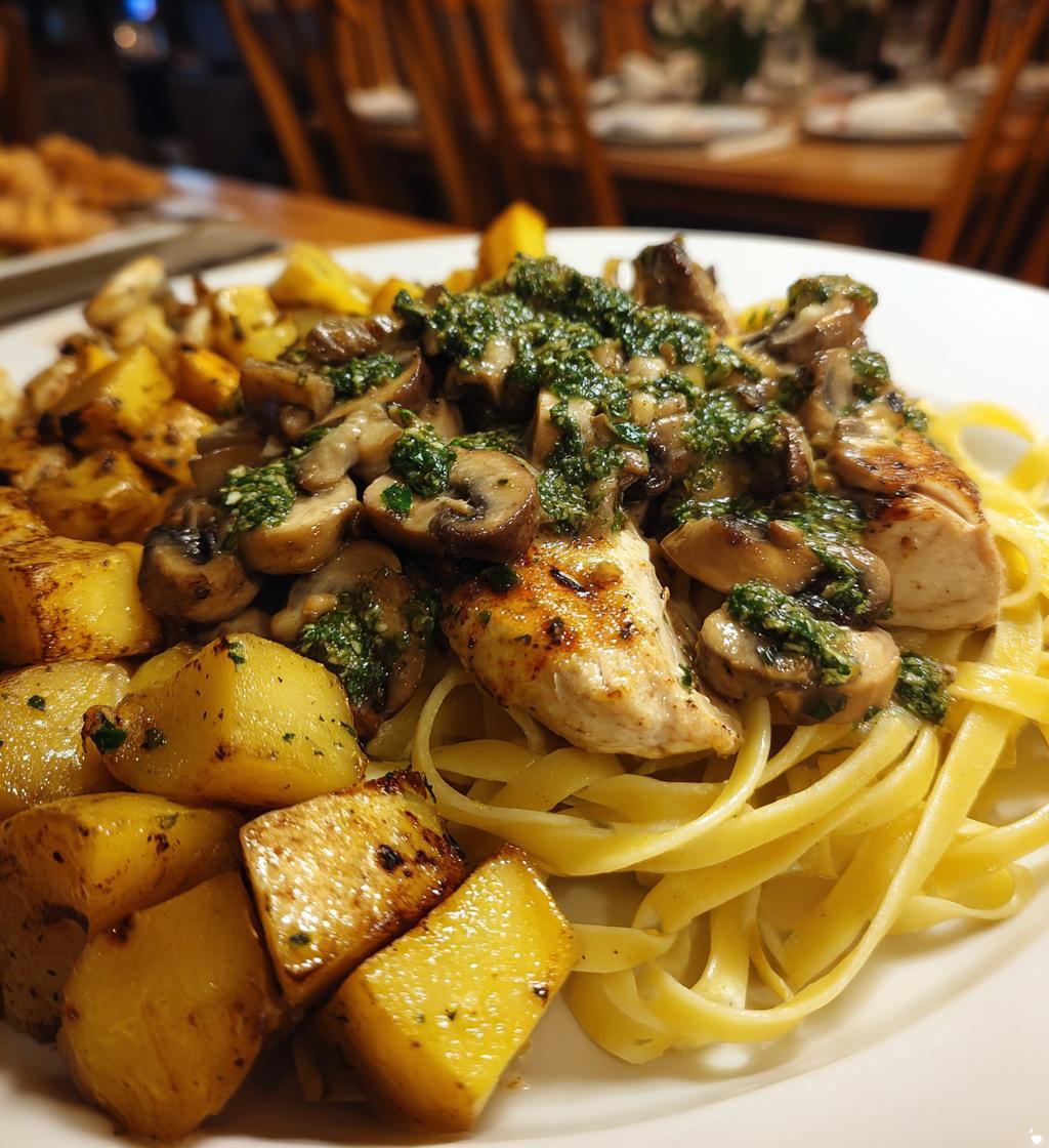 chestnut garlic greek chicken alfredo with sage potatoes mushroom basil pesto - detail 1
