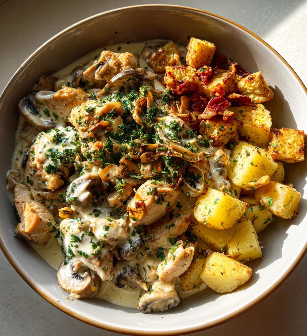 chestnut garlic greek chicken alfredo with sage potatoes mushroom basil pesto cream - detail 1