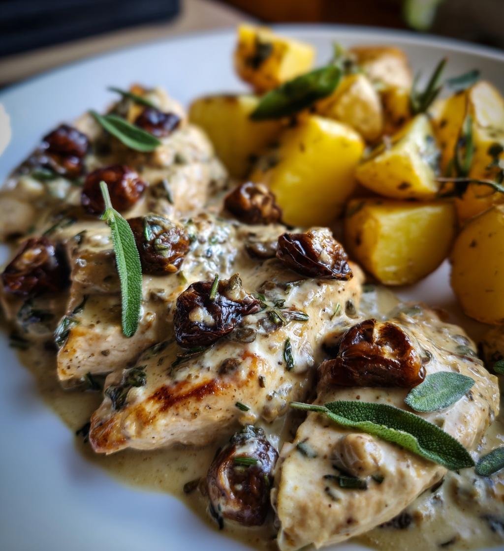 chestnut garlic greek chicken alfredo with sage potatoes mushroom pesto cream - detail 1