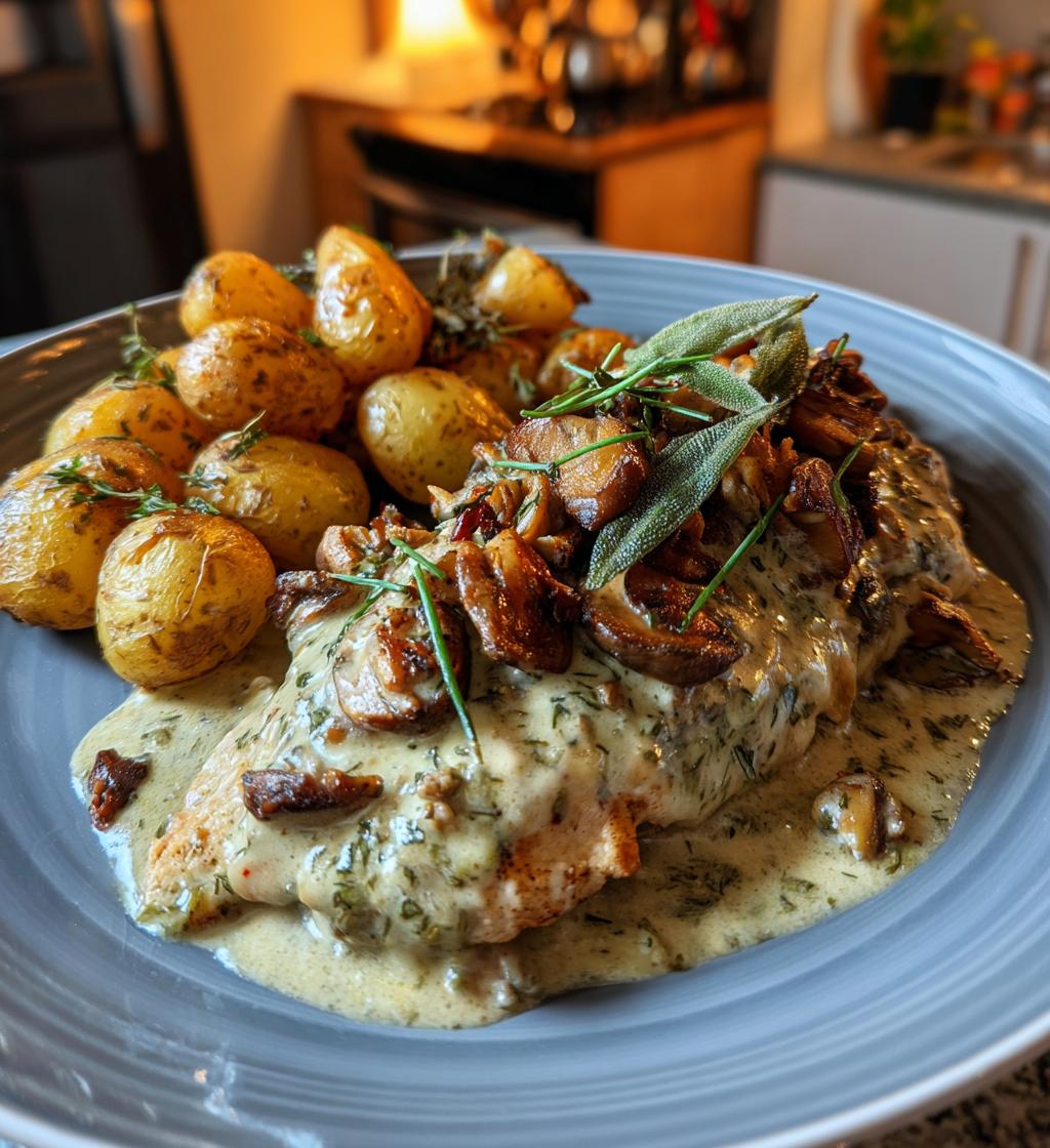 chestnut garlic greek chicken alfredo with sage potatoes mushroom pesto cream