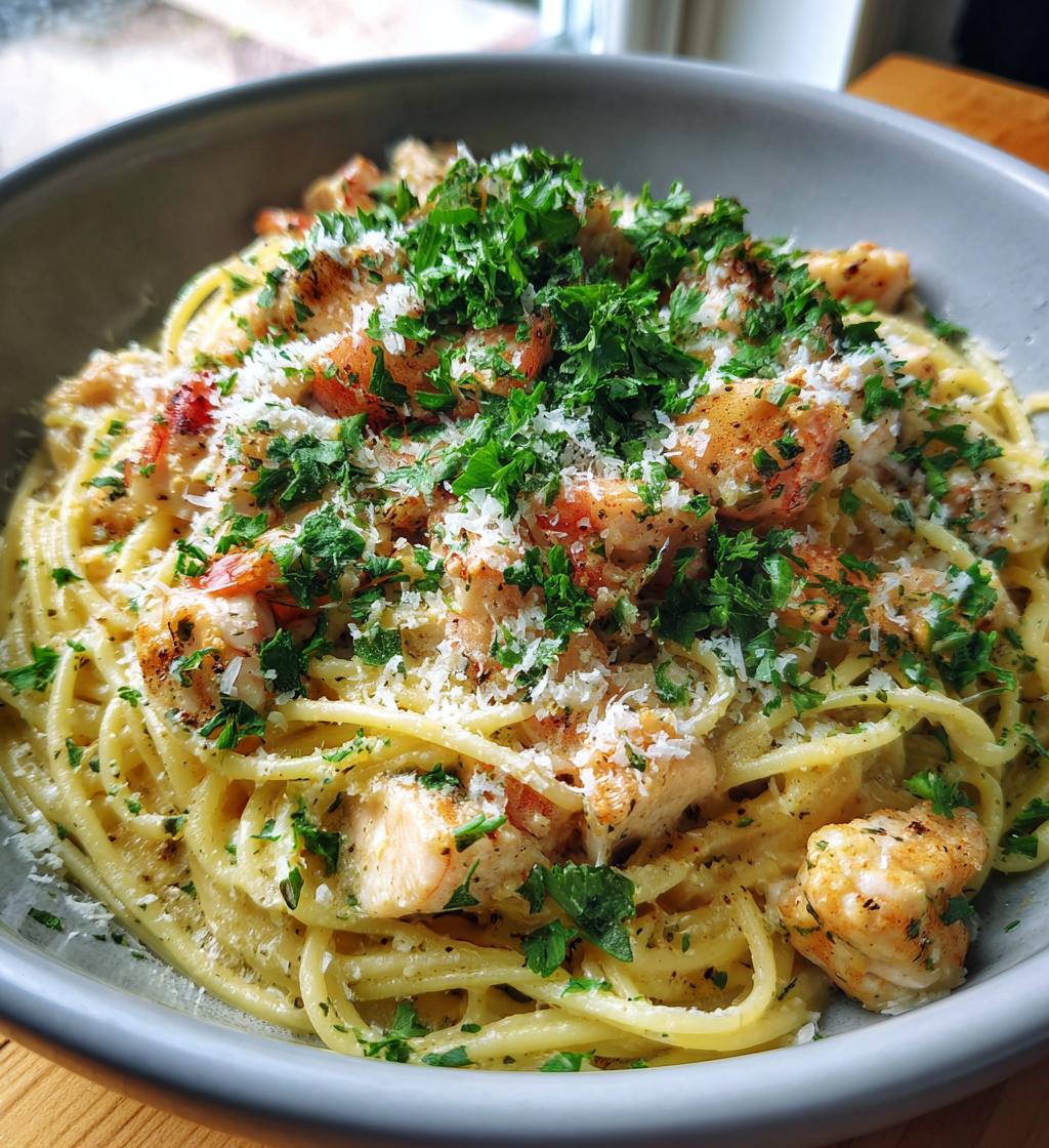 chicken and shrimp carbonara - detail 1