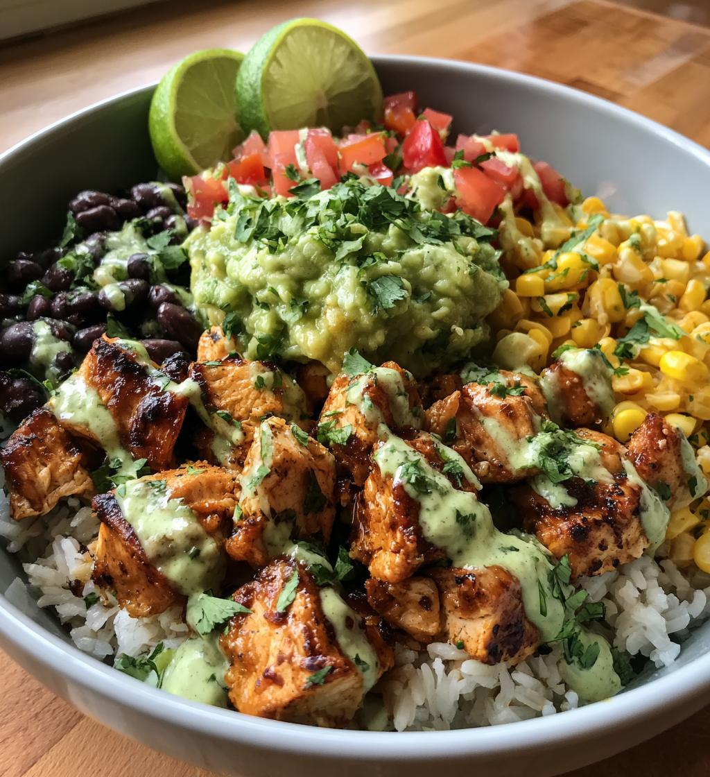 chicken burrito bowl with guac lime