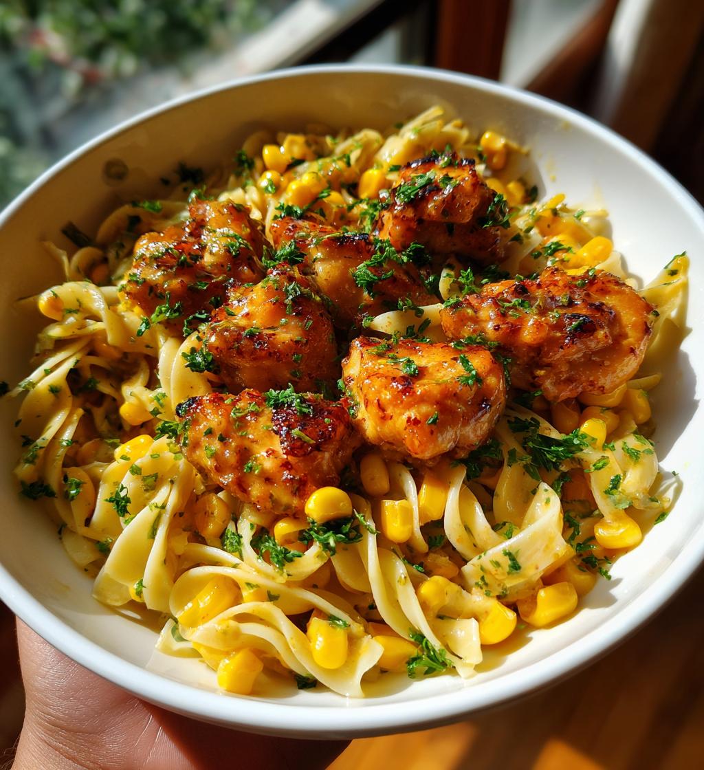 chili garlic butter chicken bites with creamy cajun corn alfredo twists